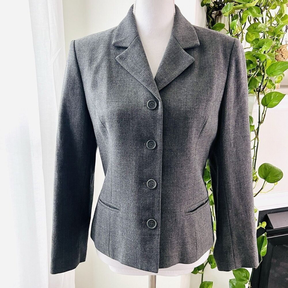 Talbots Petites Gray 100% Wool Button Down Fitted Blazer Size 8